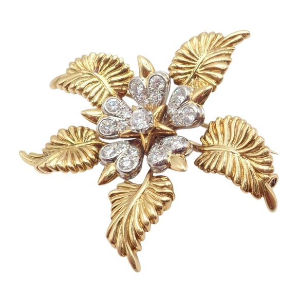 Tiffany & Co Schlumberger 18k Yellow Gold Platinum Diamond 5 Leaf Pin Brooch - Picture 8 of 11
